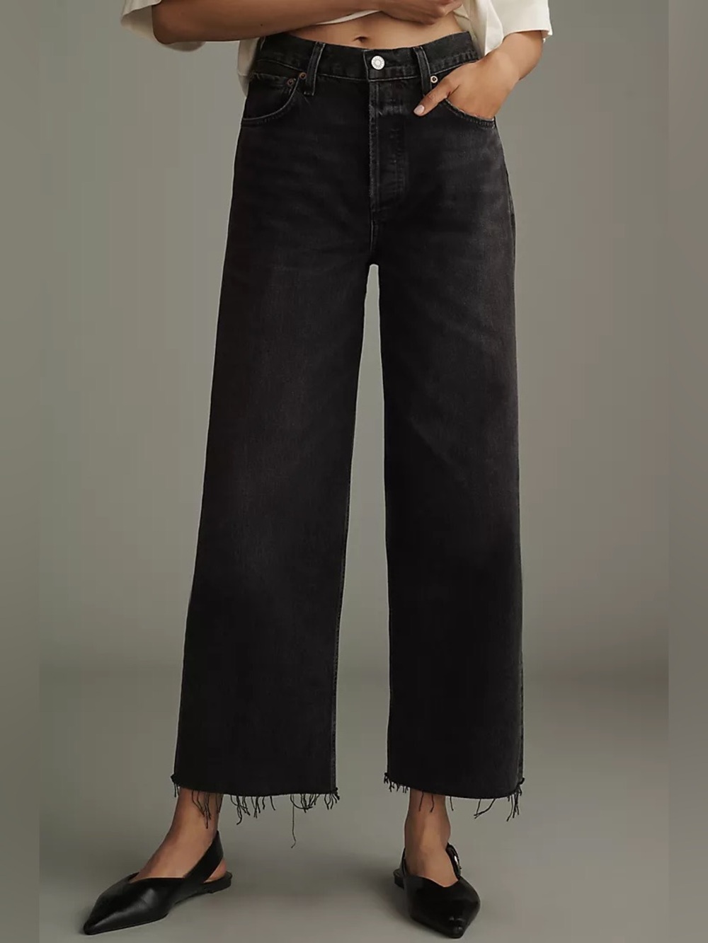 No Boundaries Mid-Rise Wide Leg Denim Jeans Washed Charcoal Black Raw Hem Crop